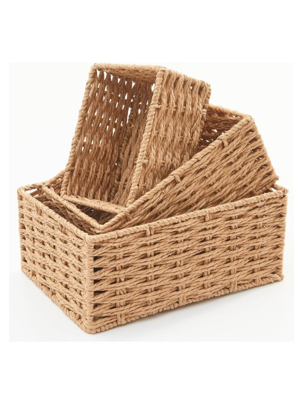 Set of 3 Wicker Storage Baskets Woven Paper Rope Shelf Organizing